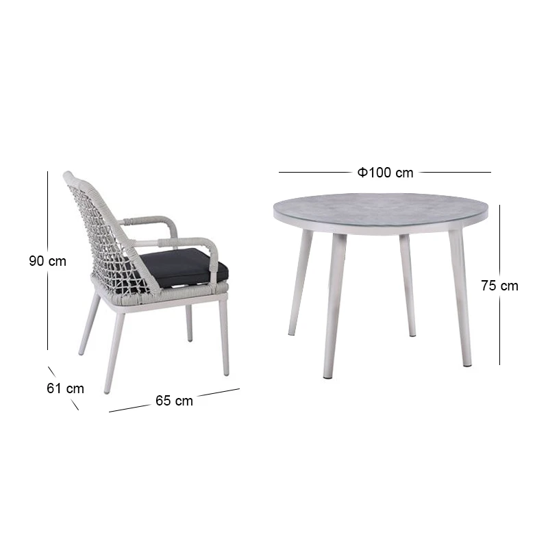 CENTRAL Set Τραπεζαρία Κήπου ALU & Rope Grey-Μαξιλ.Ανθρακί: Τραπέζι Φ100cm + 4 Πολυθρόνες