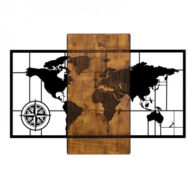 World Map Megapap wooden - metal wall art in walnut - black color 85x3x58cm.