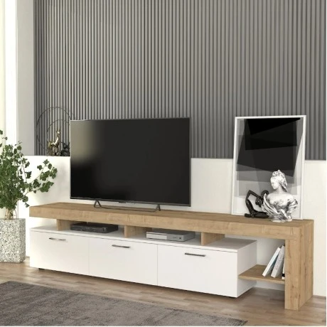 Acnes Megapap melamine tv stand in white - sapphire oak color 220x40x52cm.
