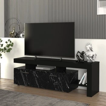 Acnes Megapap melamine tv stand in black - black marble effect color 160x40x53cm.
