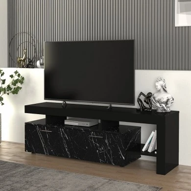 Acnes Megapap melamine tv stand in black - black marble effect color 160x40x53cm.