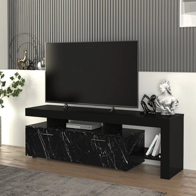 Acnes Megapap melamine tv stand in black - black marble effect color 160x40x53cm.