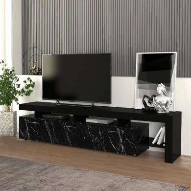 Acnes Megapap melamine tv stand in black - black marble effect color 220x40x52cm.