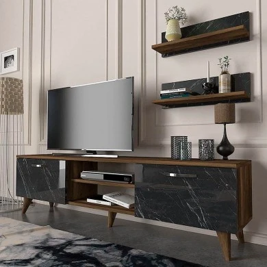 Colin Megapap melamine tv stand in walnut - black marble effect color 150x29.5x40,6cm.