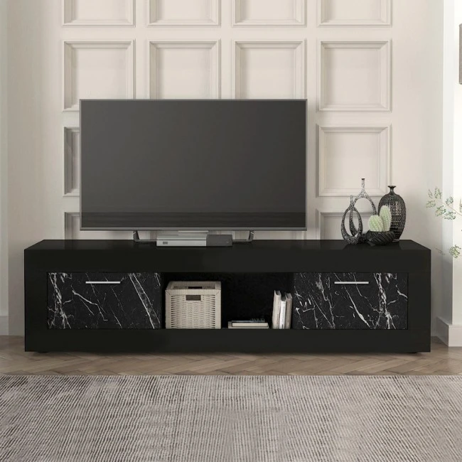 Davin Megapap melamine tv stand in black - black marble effect color 180x40x47cm.