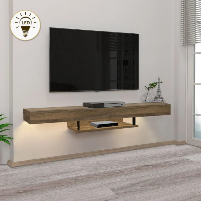 Albares Megapap melamine wall TV cabinet with LED lighting in walnut color 150x29.6x22cm.