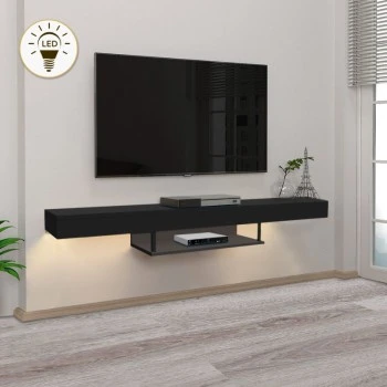 Albares Megapap melamine wall TV cabinet with LED lighting in black color 150x29.6x22cm.