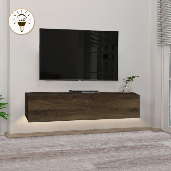 Aristo Megapap melamine wall TV cabinet with LED lighting in walnut color 135x31.6x25cm.