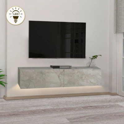 Έπιπλο τηλεόρασης επιτοίχιο Aristo Megapap με LED χρώμα λευκό εφέ μαρμάρου 135x31,6x25εκ.