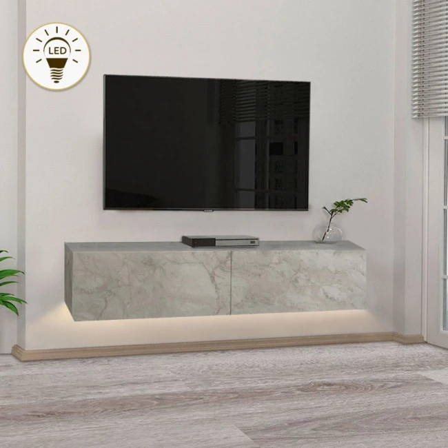 Aristo Megapap melamine wall TV cabinet with LED lighting in white marble effect color 135x31.6x25cm.