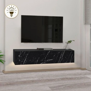 Aristo Megapap melamine wall TV cabinet with LED lighting in black marble effect color 135x31.6x25cm.