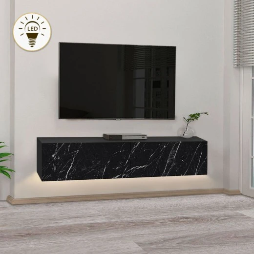 Έπιπλο τηλεόρασης επιτοίχιο Aristo Megapap με LED χρώμα μαύρο - εφέ μαρμάρου 135x31,6x25εκ.