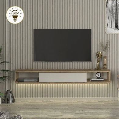 Cross Megapap melamine wall TV stand with LED lighting in sepet oak - sandstone color 150x29.6x19.2cm.