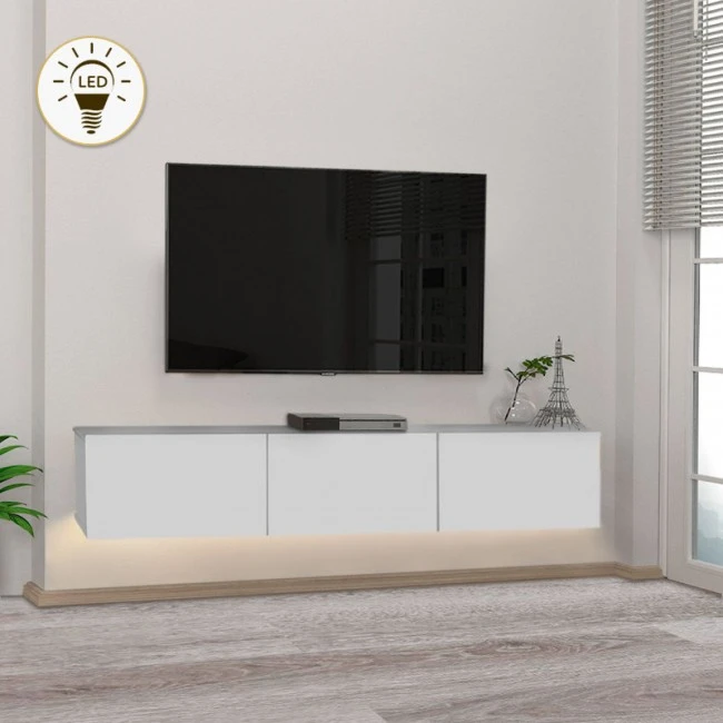Damla Megapap melamine wall TV cabinet with LED lighting in white color 180x29.5x29.5cm.