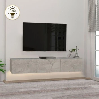 Damla Megapap melamine wall TV cabinet with LED lighting in white marble effect color 180x29.5x29.5cm.
