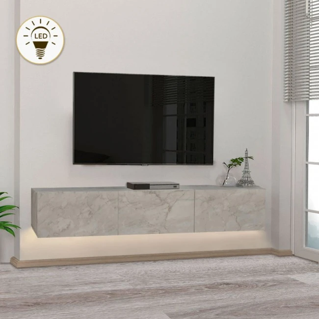 Damla Megapap melamine wall TV cabinet with LED lighting in white marble effect color 180x29.5x29.5cm.