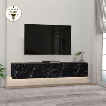 Damla Megapap melamine wall TV cabinet with LED lighting in black marble effect color 180x29.5x29.5cm.