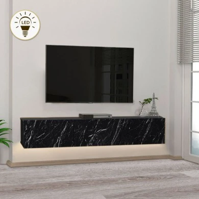Damla Megapap melamine wall TV cabinet with LED lighting in black marble effect color 180x29.5x29.5cm.