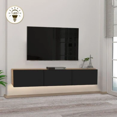 Damla Megapap melamine wall TV cabinet with LED lighting in sapphire oak - black color 180x29.5x29.5cm.