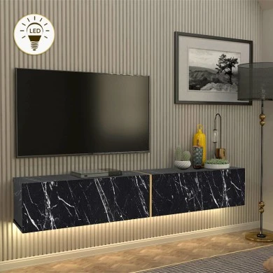 Figure Megapap melamine wall TV cabinet with LED lighting in black marble effect color 181,8x31.7x30cm.