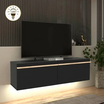Morel Megapap melamine wall TV cabinet with LED lighting in black color 140x41.8x40cm.