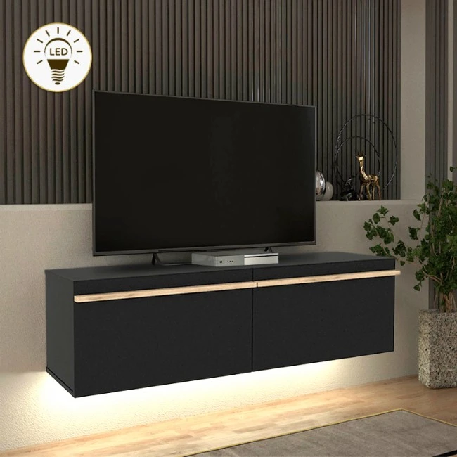 Morel Megapap melamine wall TV cabinet with LED lighting in black color 140x41.8x40cm.