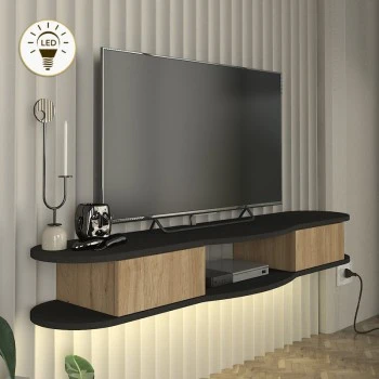 Perk Megapap  melamine wall TV stand with LED lighting in anthracite - sepet oak color 150x35x19.2cm.