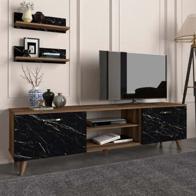 Geacles Megapap melamine tv stand in walnut - black marble effect color 180x40x50cm.