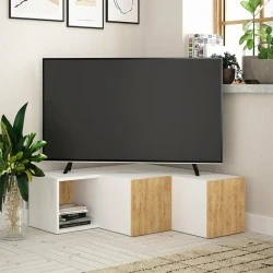Compact Megapap corner melamine TV furniture in white - oak color 94,2x90,6x31,4cm.