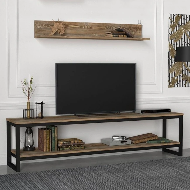 Palencia Megapap melamine TV stand in vintage patik - black color 180x35x45cm.