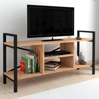 Santana Megapap metal - melamine TV stand in black - pine oak color 120x35x61cm.
