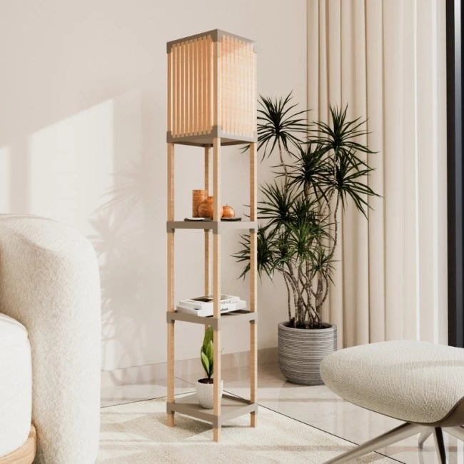 Floor lamp made of wood and plastic in beige color 24x22x137cm.