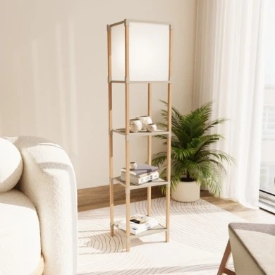 Floor lamp made of wood and plastic in beige color 29x25x137cm.