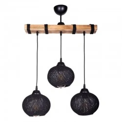 Sirmione Megapap E27 wooden/rope ceiling three-light in black - natural color 49x17x75cm.