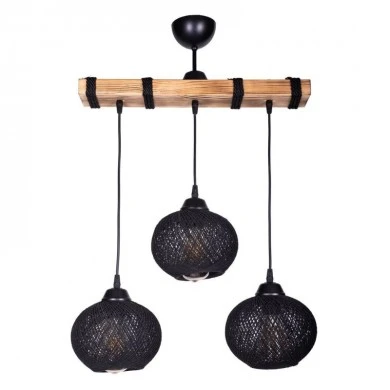 Sirmione Megapap E27 wooden/rope ceiling three-light in black - natural color 49x17x75cm.