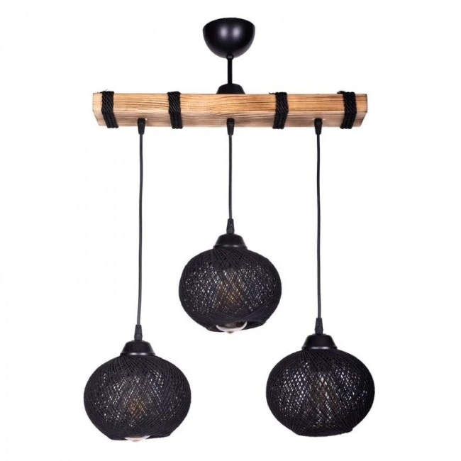 Sirmione Megapap E27 wooden/rope ceiling three-light in black - natural color 49x17x75cm.
