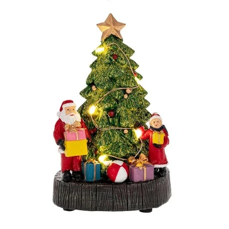 XMAS RESIN LIGHTED TREE WITH GIFTS AND SANTA 10X8X16CM BATTERY OPPERATED