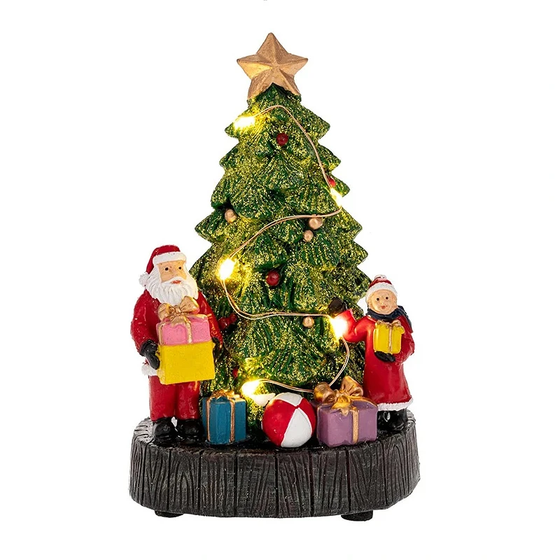 XMAS RESIN LIGHTED TREE WITH GIFTS AND SANTA 10X8X16CM BATTERY OPPERATED
