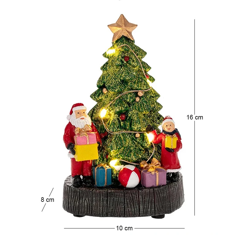 XMAS RESIN LIGHTED TREE WITH GIFTS AND SANTA 10X8X16CM BATTERY OPPERATED