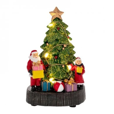 XMAS RESIN LIGHTED TREE WITH GIFTS AND SANTA 10X8X16CM BATTERY OPPERATED