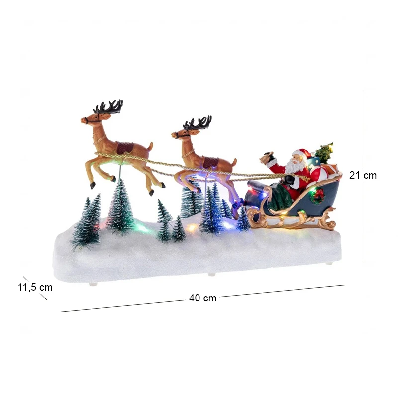 CHRISTMAS RESIN LIGHTED SLEIGHT WITH SANTA WITH ADAPTOR MUSIC AND MOVEMENT 40X11,5X21CM