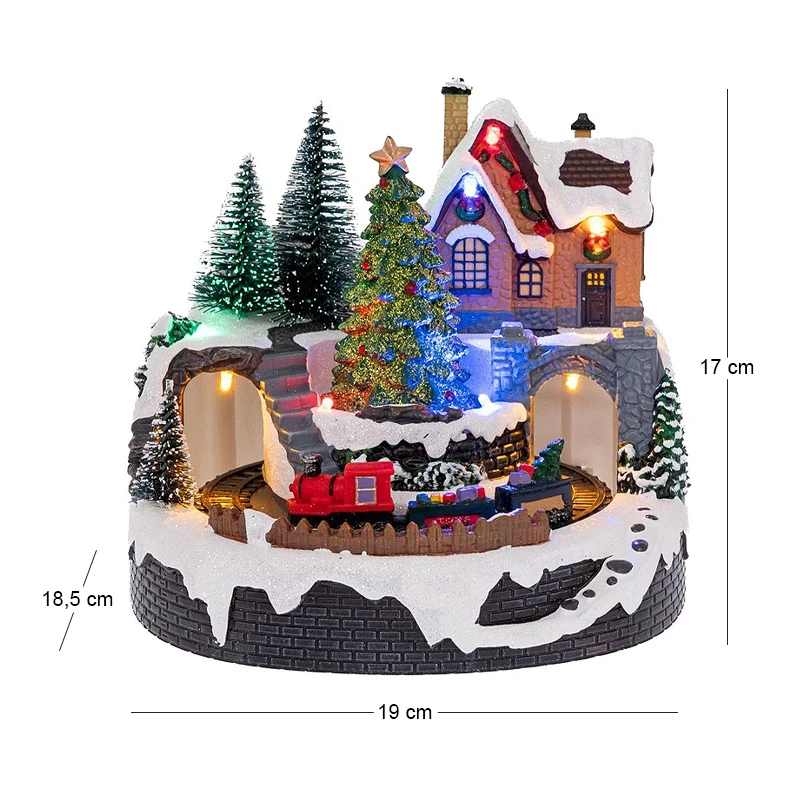 CHRISTMAS RESIN LIGHTED VILLAGE WITH ADAPTOR MOVING TRAIN AND MUSIC 18X18X20CM