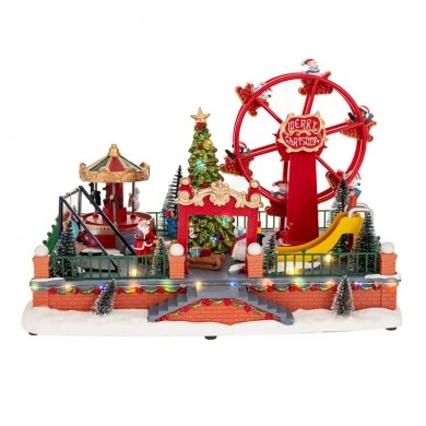 XMAS LIGHTED AMUSEMENT PARK WITH ANIMATED CAROUSEL AND FERRIS WHEEL INCLUDING ADAPTOR 37X23X25CM