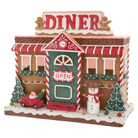 LED RESIN GINGERBREAD DINER SHOP 30X15X26CM