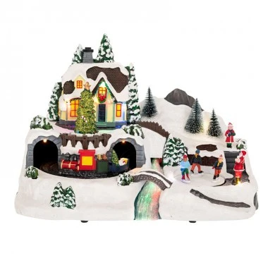 XMAS LIGHTED VILLAGE WITH ANIMATED ICE SKATERS AND TRAIN INCLUDING ADAPTOR 37X20X26CM