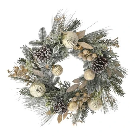 FROSTED WREATH WITH GOLD BERRIES AND BAUBLES 55CM