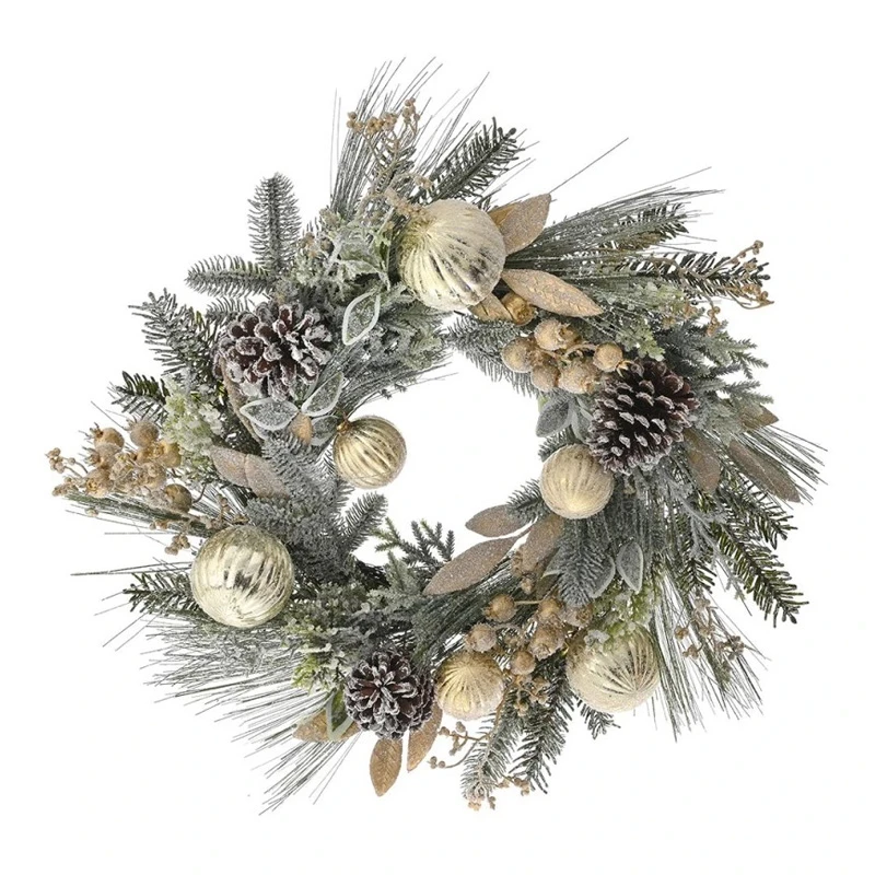 FROSTED WREATH WITH GOLD BERRIES AND BAUBLES 55CM
