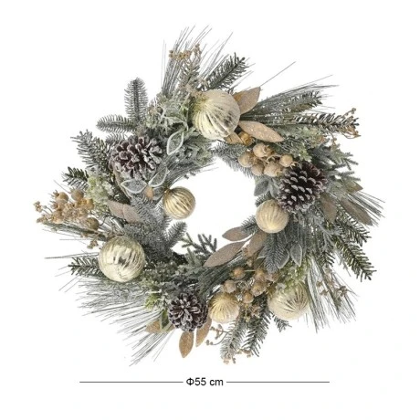 FROSTED WREATH WITH GOLD BERRIES AND BAUBLES 55CM