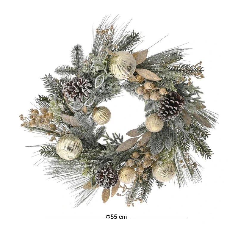 FROSTED WREATH WITH GOLD BERRIES AND BAUBLES 55CM