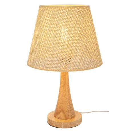 NATURAL WOODEN LAMP WITH WICKER CRΘME HAT 38CM